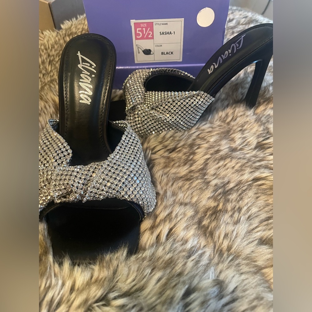 fab'rik Black and Silver Rhinestone Heels